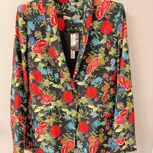 Alice + Olivia Black Floral Blazer with Red and Green